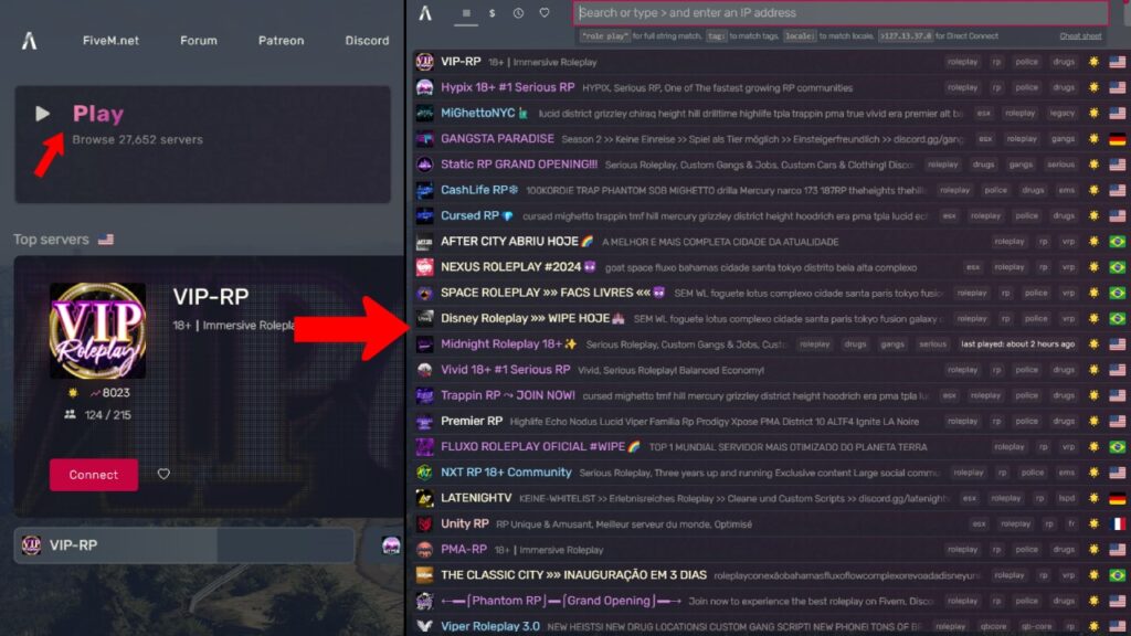 Click Play and select FiveM server to connect