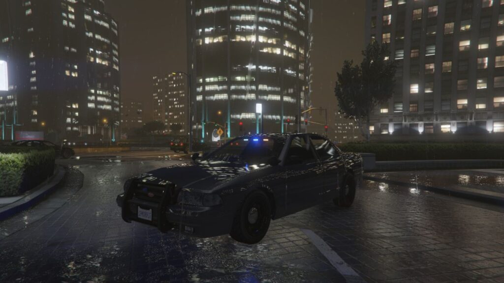 Der unmarkierte Streifenwagen in einer regnerischen Nacht in GTA Online.