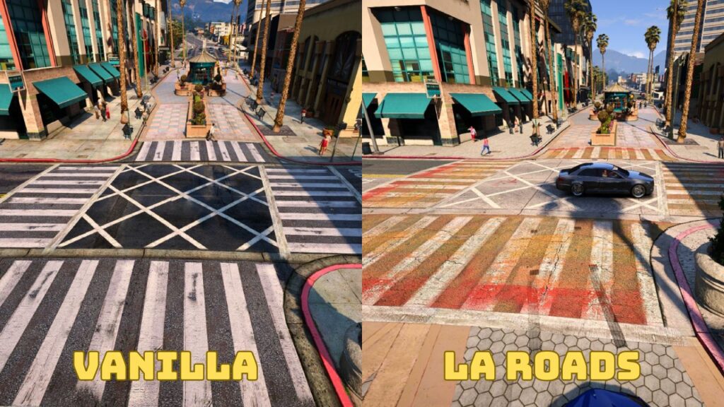 The intersection in vanilla version and LA Roads mod