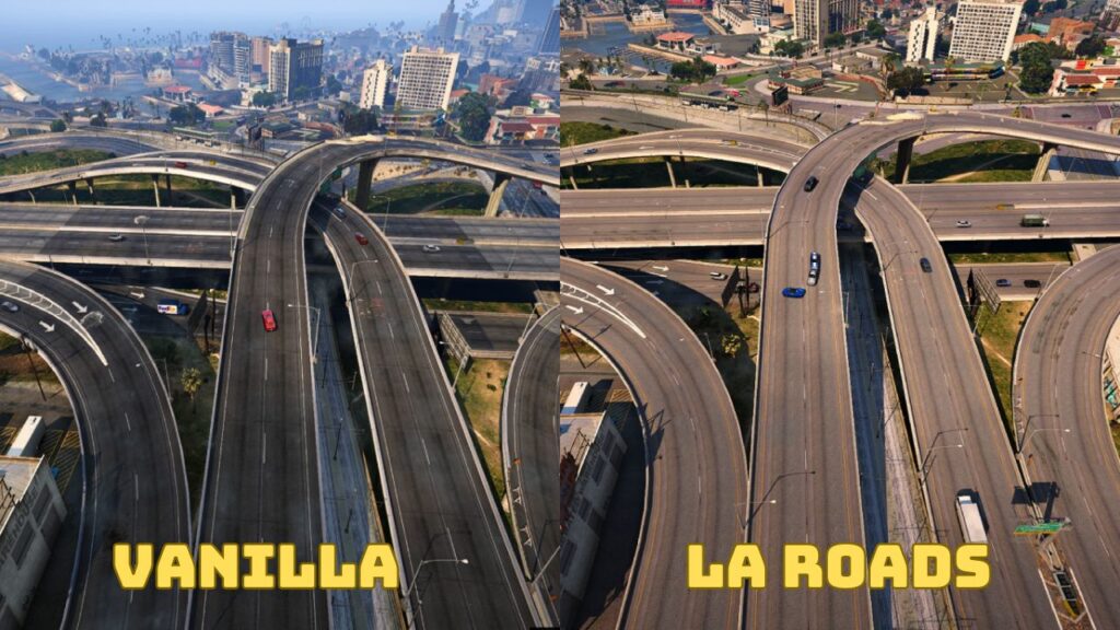 The highway in vanilla vs in LA Roads mod