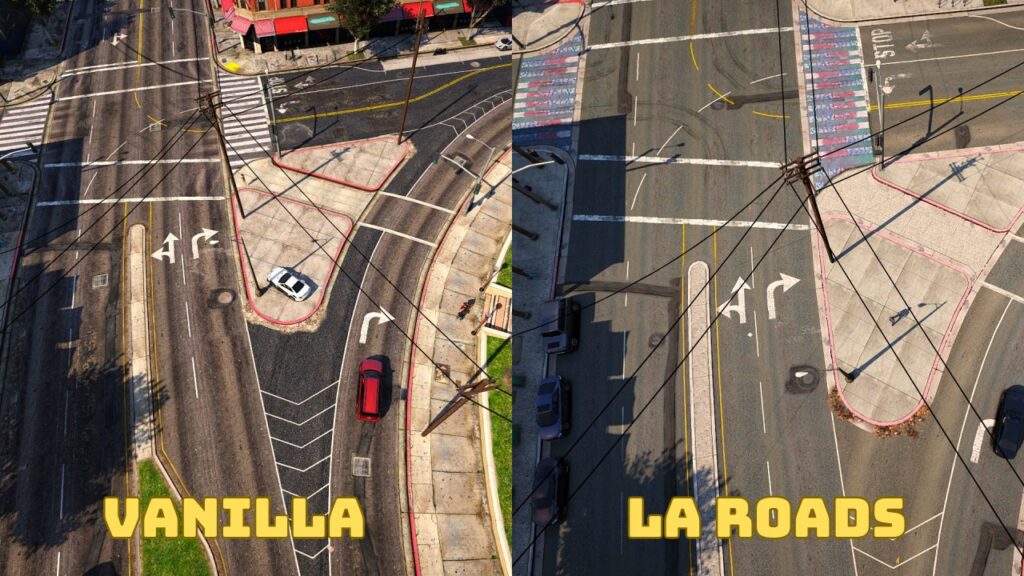 Die Straße in der Innenstadt in der Vanilla-Version und im LA Roads-Mod