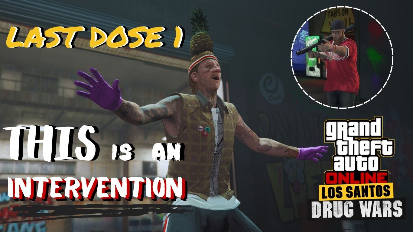 Labrat with a pineapple in his head and Dax threatening him with a Rocket Launcher during Last Dose 1 - This is an Intervention in GTA Online.