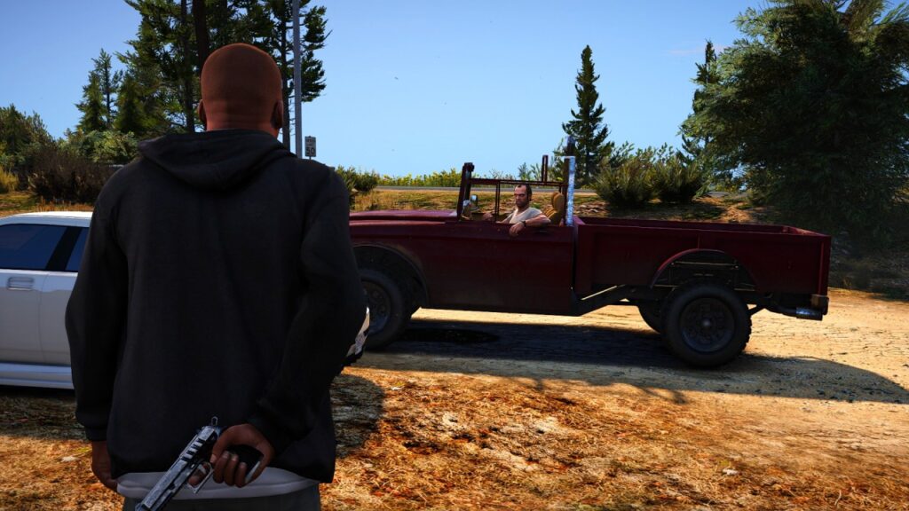 Franklin meets Trevor with a gun behind his back
