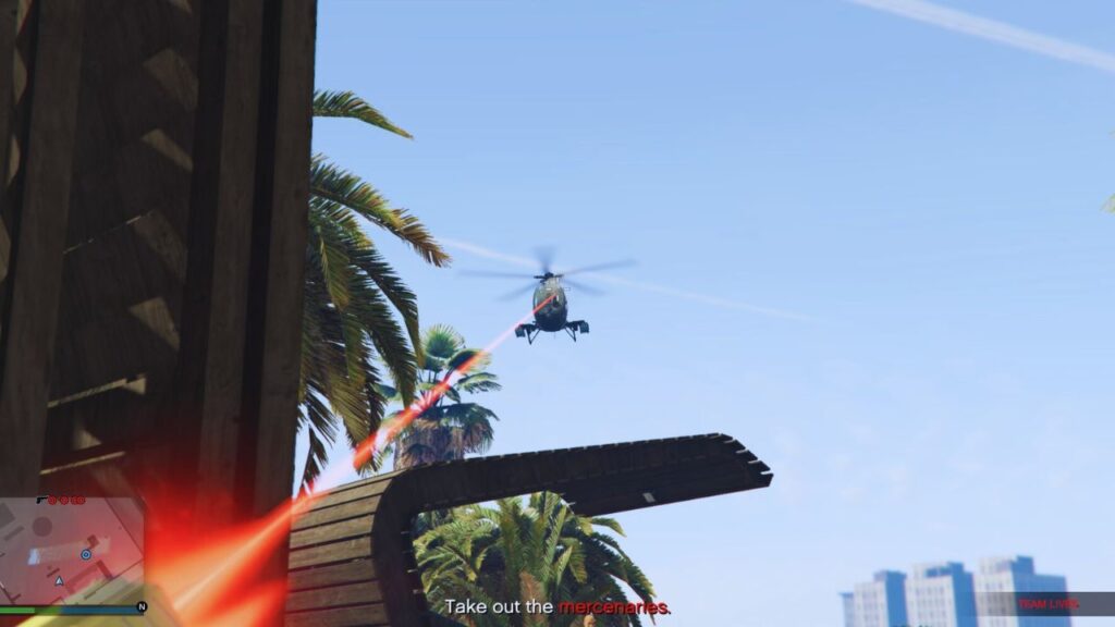 The GTA Online Protagonist firing at a Helictoper.