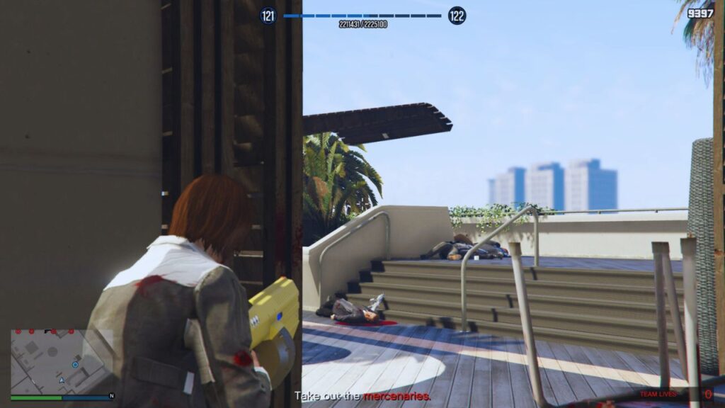 The GTA Online Protagonist watching for flanks.