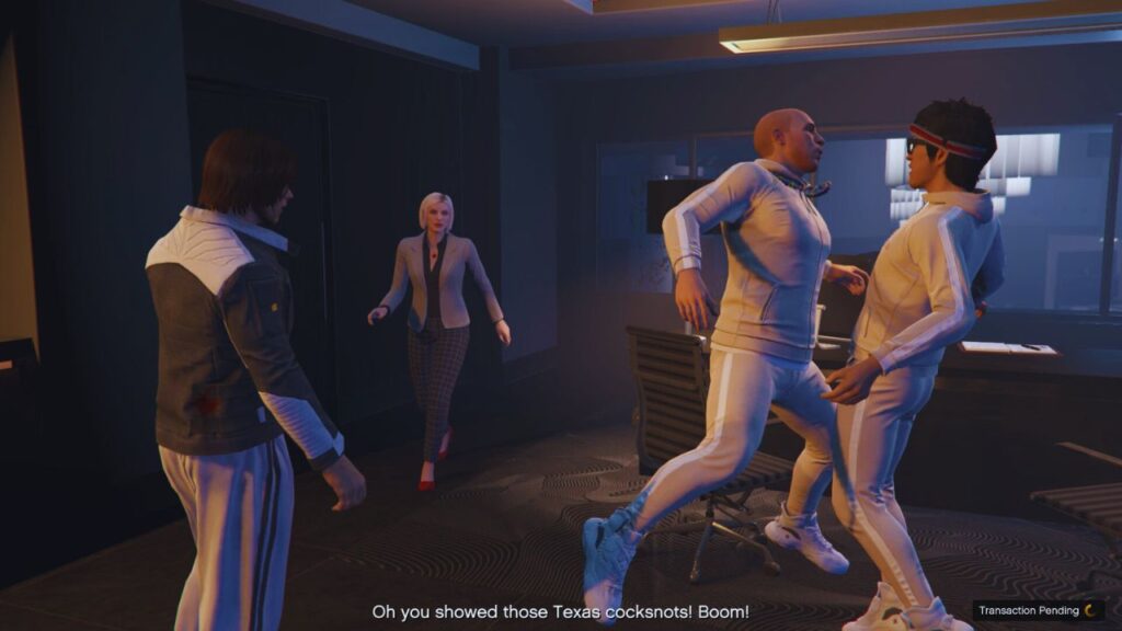 The GTA Online Protagonist meeting with Agatha Baker and Tao Cheng and Brucie Kibbutz doing a toast.