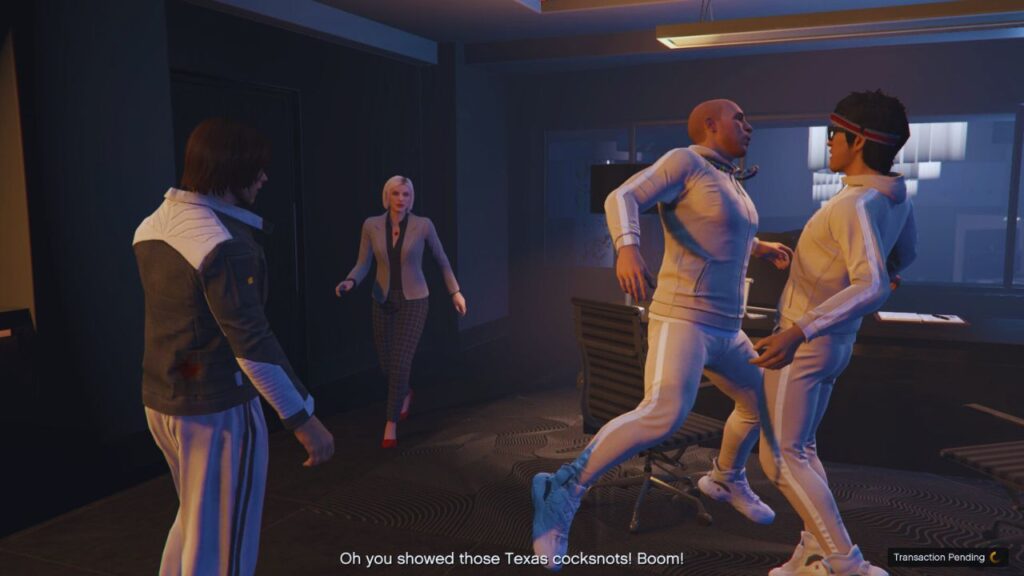 Der GTA Online Protagonist trifft sich mit Agatha Baker und Tao Cheng und Brucie Kibbutz bei einem Toast.