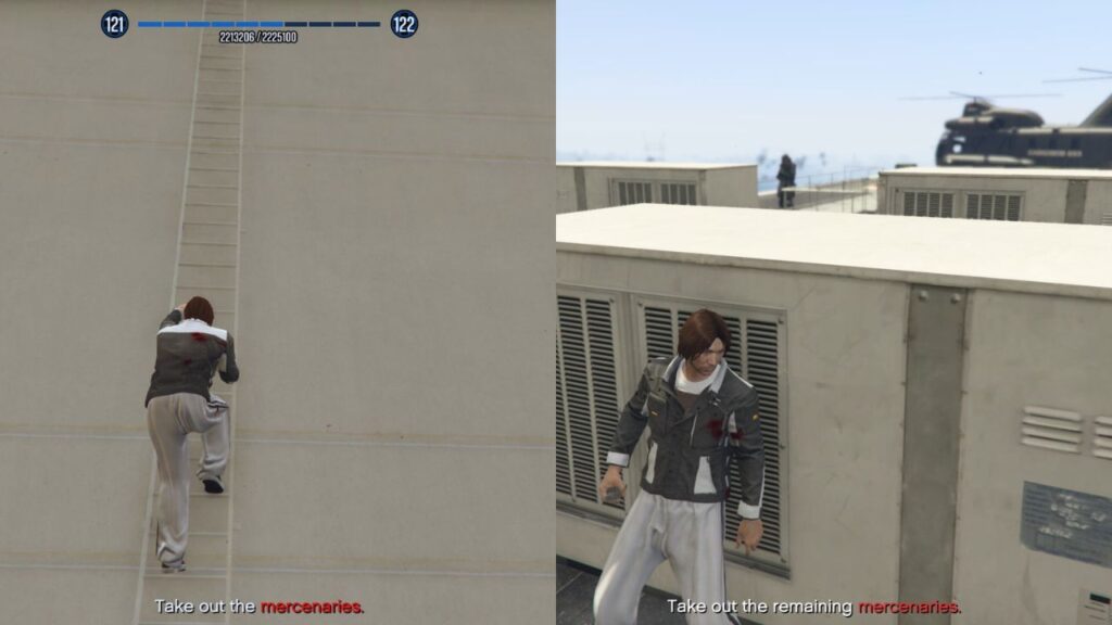 Der GTA Online Protagonist klettert die Leiter hoch und versteckt sich hinter einer Deckung.