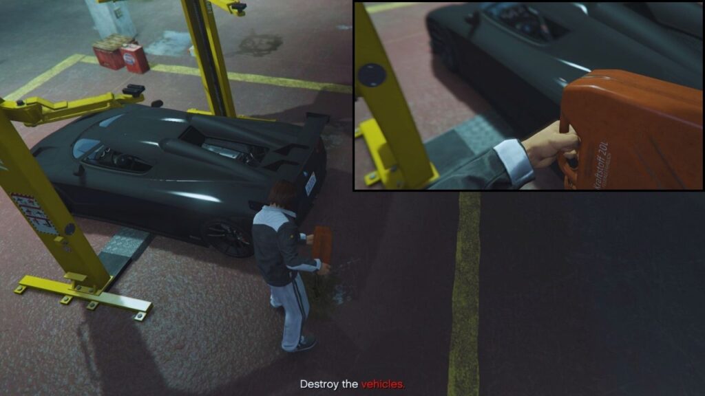Das Auspumpen von Öl aus einem Kanister im Fahrzeuglager in GTA Online während Radikalkur IV.