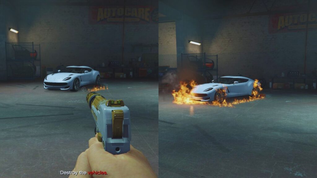 Der Spieler, der in GTA Online auf das Auto schießt und es in Flammen aufgehen lässt.