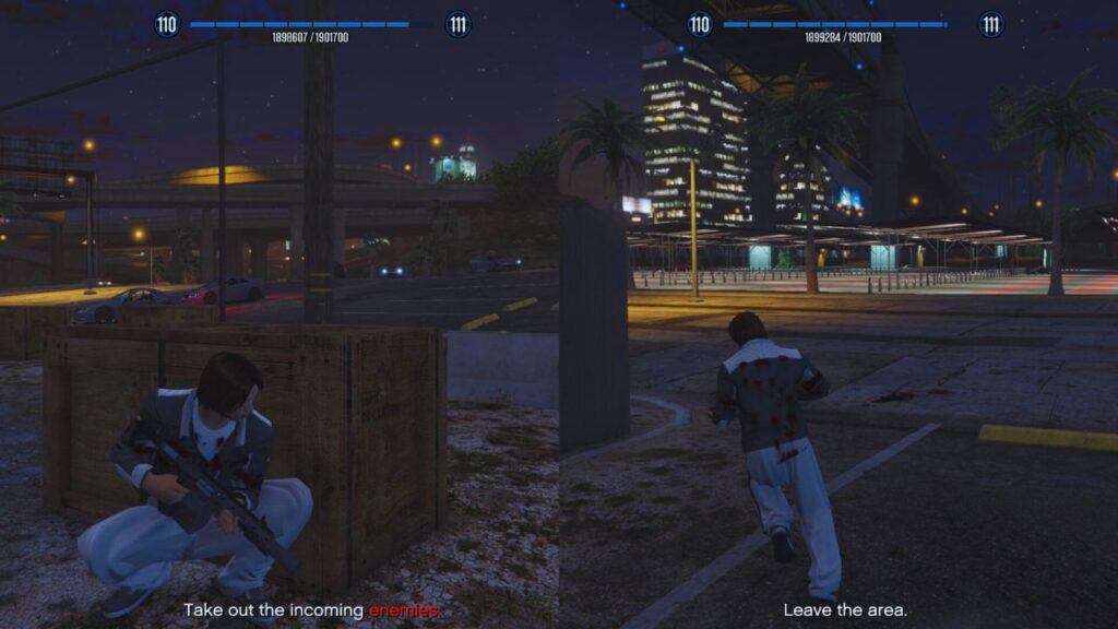 Der Spieler kämpft gegen feindliche Bandenmitglieder in GTA Online.