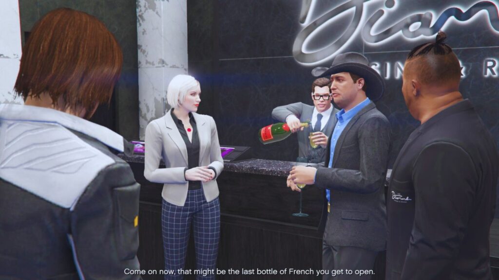 The GTA Online Protagonist, Agatha Baker, Tom Connors, Thornton Duggan, and Vincent inside the Diamond Casino & Resort.
