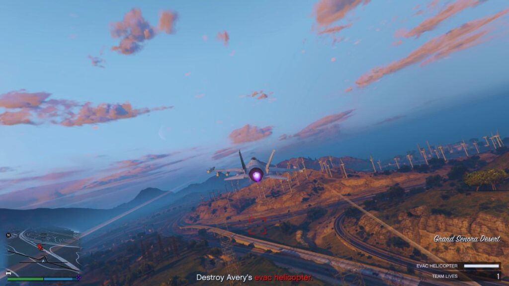 The GTA Online Protagonist using the P-996 LAZER fighter jet against the Duggans..