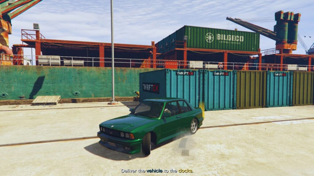 Der GTA Online Protagonist bei der Übergabe des Ubermacht-Wächters an den Docks (Terminal) während der Mission GTA Heute II.