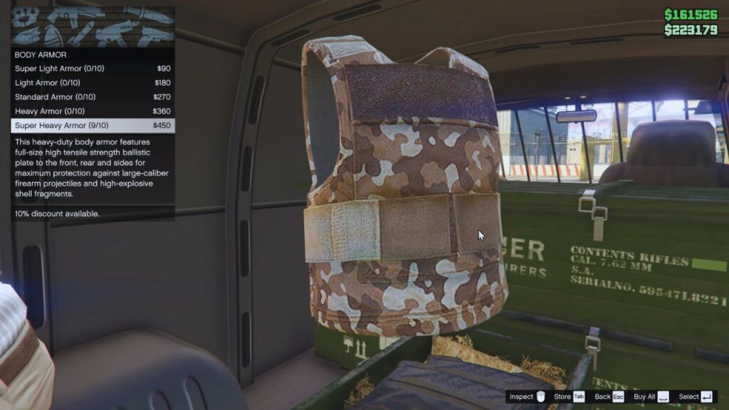 In-Game GTA Online Interface des Gun Van Menüs, das eine Super Heavy Armor zeigt.