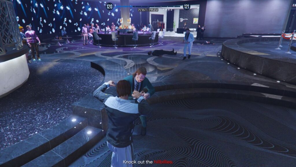 The GTA Online Protagonist punching troublemakers inside the Diamond Casino & Resort.