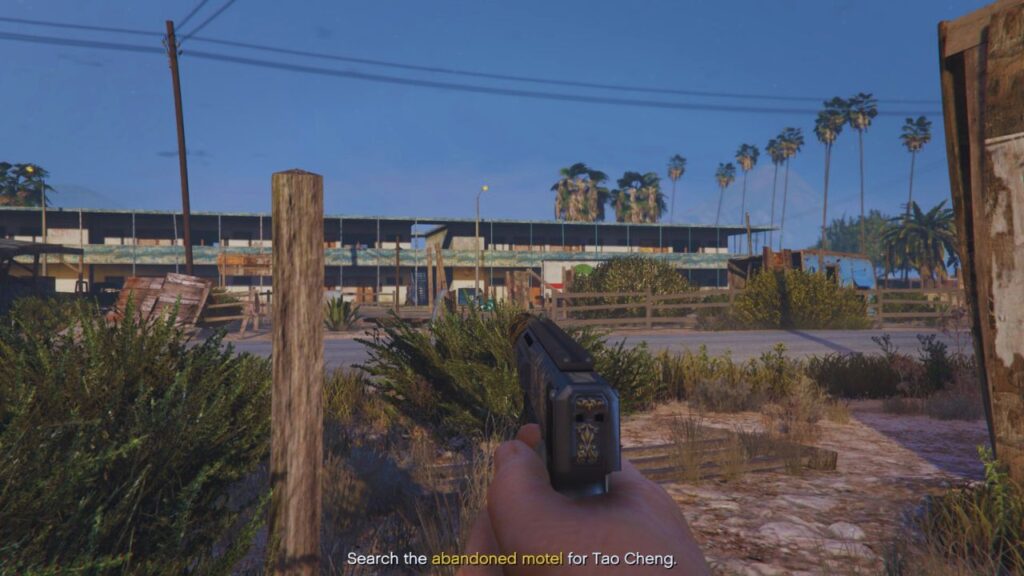 The GTA Online Protagonist sneaking while using a silenced pistol in the Loose Cheng Casino Story Missions.