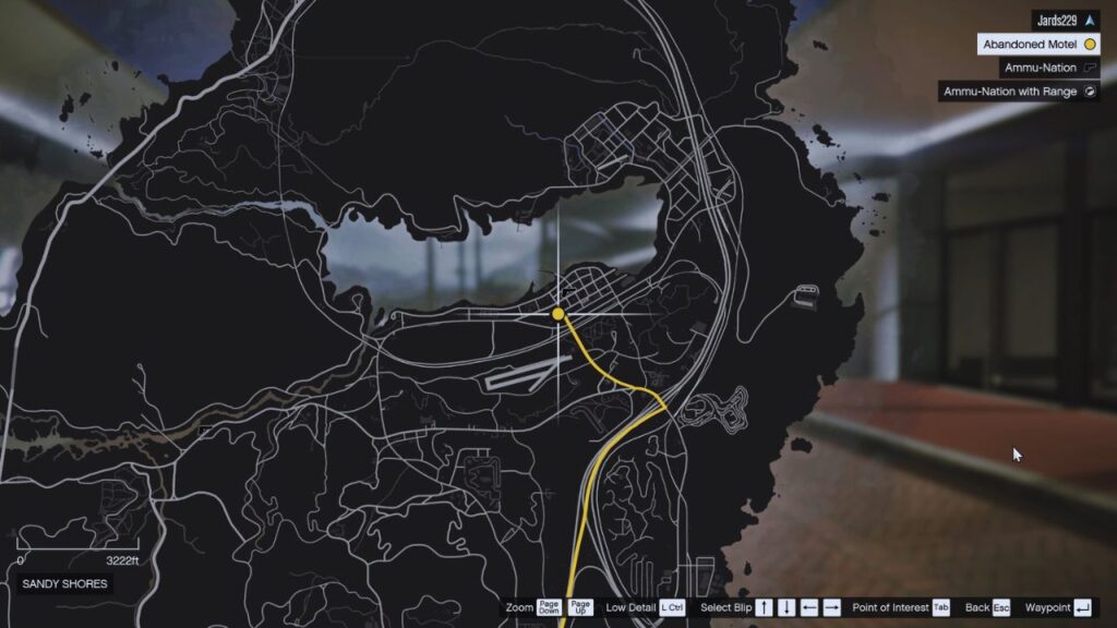 In-game GTA Online map of the Sandy Shores destination in the Loose Cheng Casino Story Missions.
