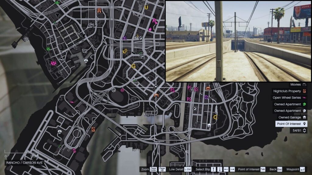 In-game GTA Online Karte und Foto der Los Santos Transit Schienen.