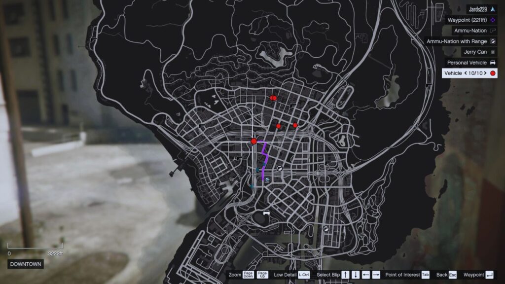 In-Game GTA Online Karte mit zehn Zielfahrzeugen, die als große, rote Punkte markiert sind.