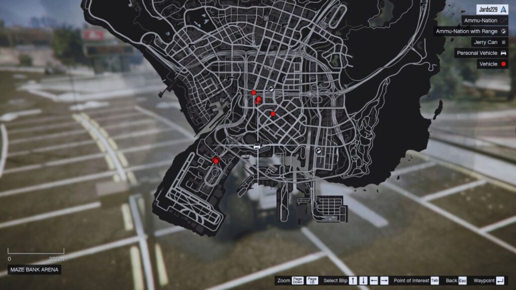 In-Game GTA Online Karte mit allen 18 Zielfahrzeugen, die als große, rote Punkte markiert sind.