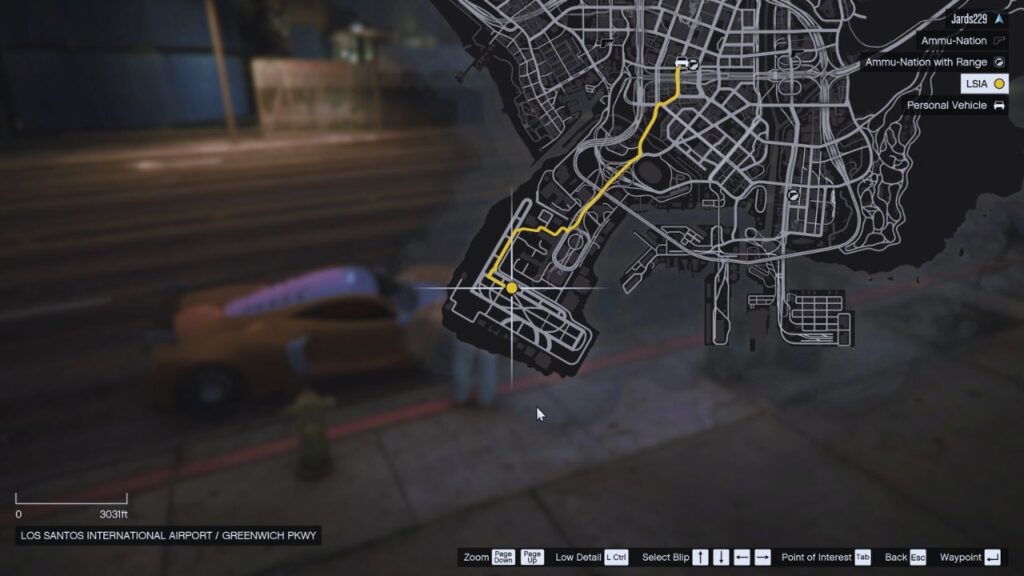 In-game GTA Online Karte, die zum Los Santos International Airport führt.