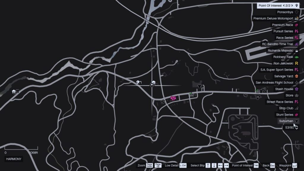 In-game GTA online map of Harmony.