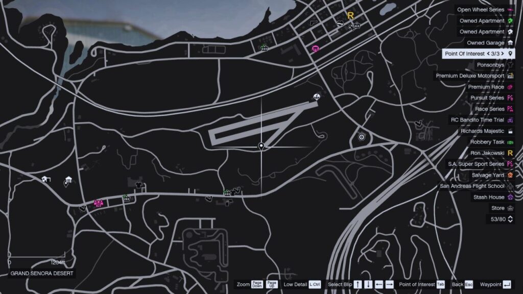 In-game GTA Online map of Sandy Shores Airfield.