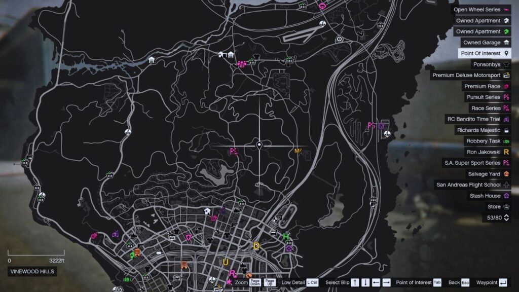 In-game GTA Online map of Vinewood Hills.