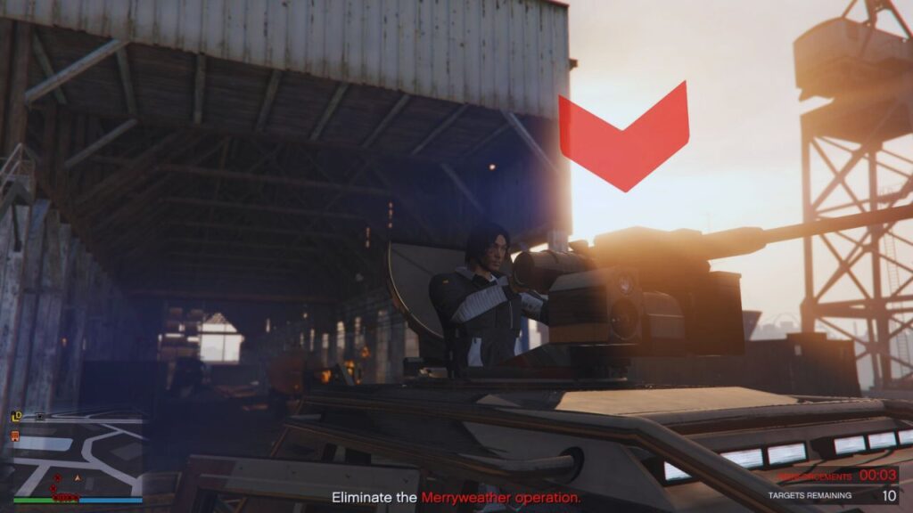 The GTA Online Protagonist manning the HVY Insurgent Pick-Up .50 machine gun.