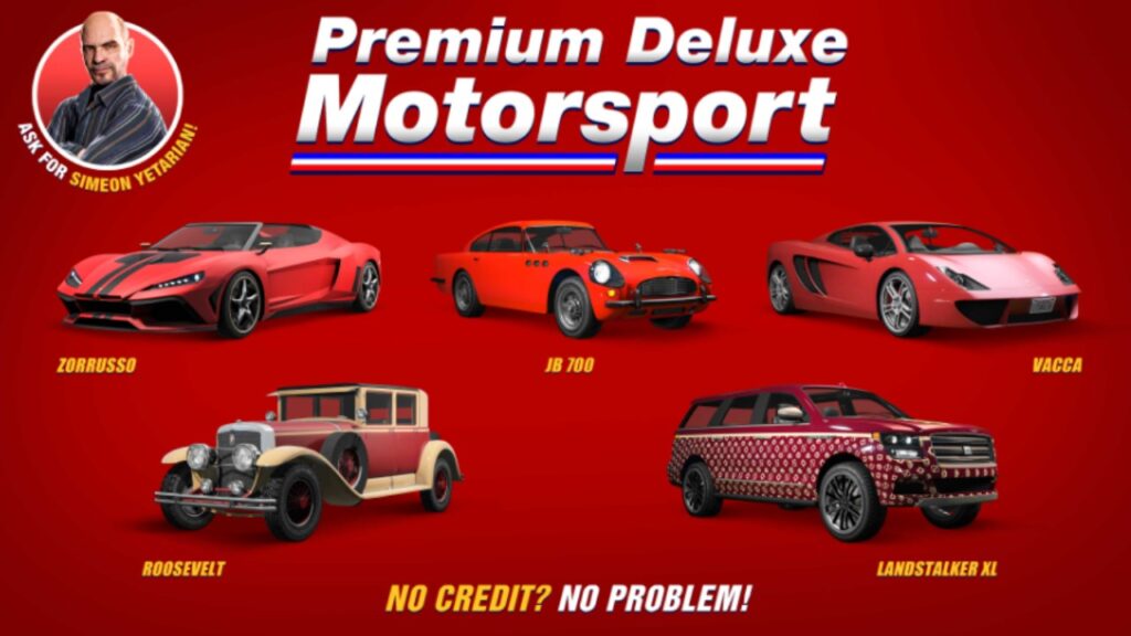 All 5 new vehicles of the premium deluxe motorsport showroom: Pegassi Zorrusso, Dundreary Landstalker XL, Albany Roosevelt, Dewbauchee JB 700, Pegassi Vacca