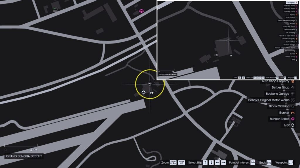 In-game GTA Online map of Sandy Shores.