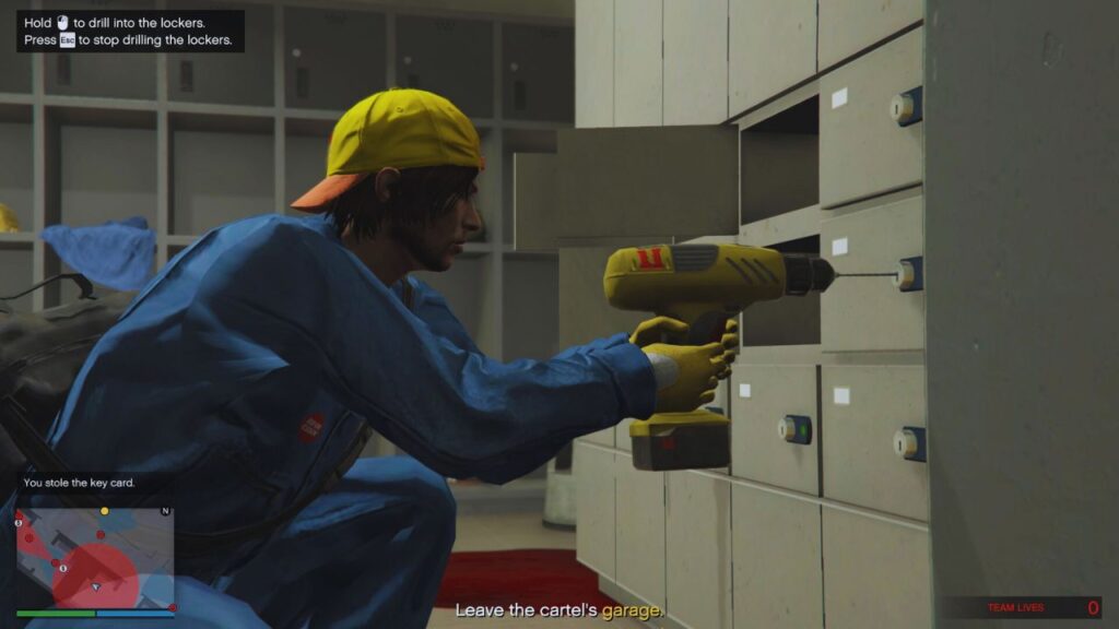 The GTA Online Protagonist drilling the lockers during the Setup mission for the Cluckin' Bell Farm Raid.