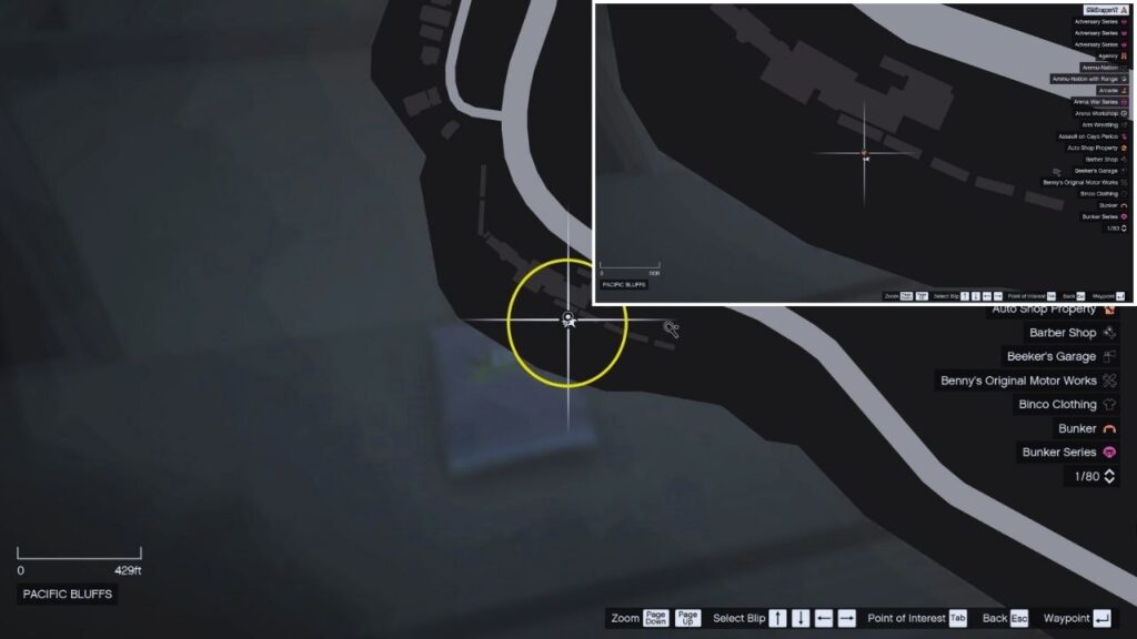In-game GTA Online map of Pacific Bluffs.