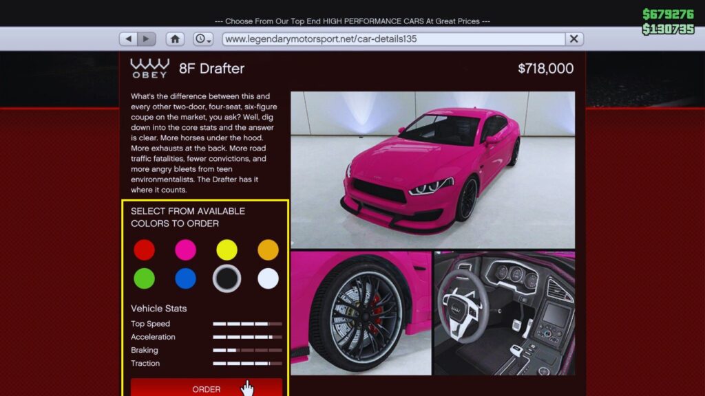 In-game GTA Online Interface des legendären Motorsport Obey 8F Drafter.