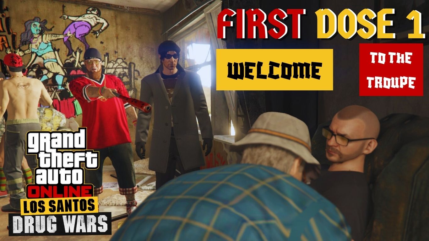 Dax, Ron, Chef, and the GTA Online Protagonist inside the Ace Liquor shop in First Dose 1 - Welcome to the Troupe.