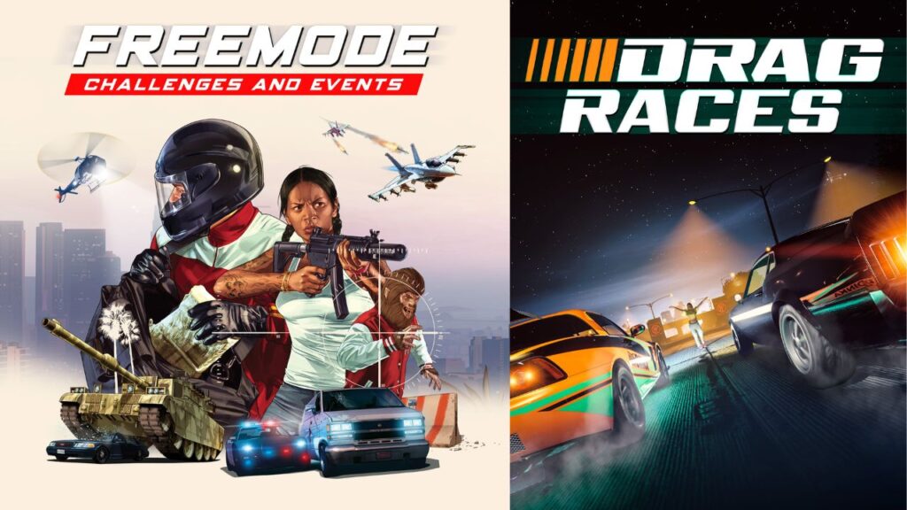 Promotional posters for the GTA+ Freemode Challenges and Events (left) and Drag Races (right).