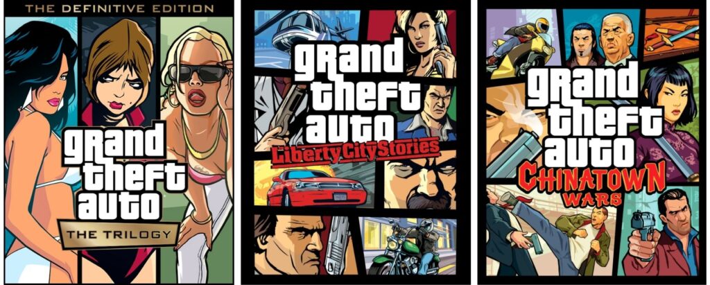 Promotional posters for Grand Theft Auto: The Trilogy - The Definitive Edition, Grand Theft Auto: Liberty City Stories, and Grand Theft Auto: Chinatown Wars.