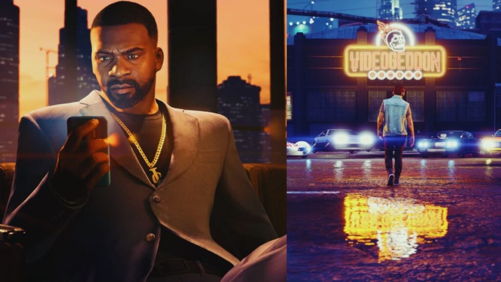Franklin (left) and the GTA Online Protagonist in front of the Videogeddon arcade.