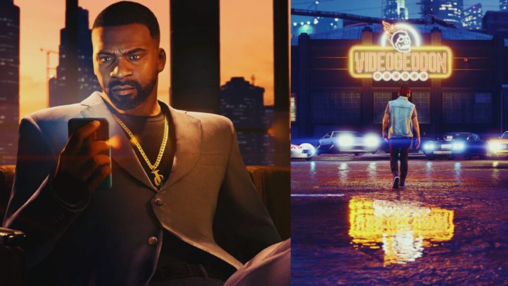 Franklin (links) und der GTA Online Protagonist vor der Videogeddon Spielhalle.