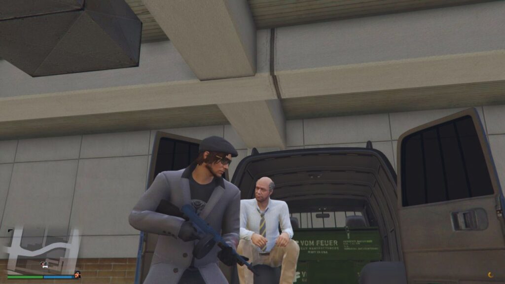 Hier siehst du den GTA Online Protagonisten und den Gun Van Verkäufer.