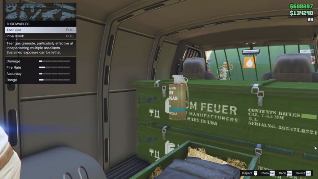 Im Spiel GTA Online Interface des Gun Van-Menüs zeigt einen Tränengas.