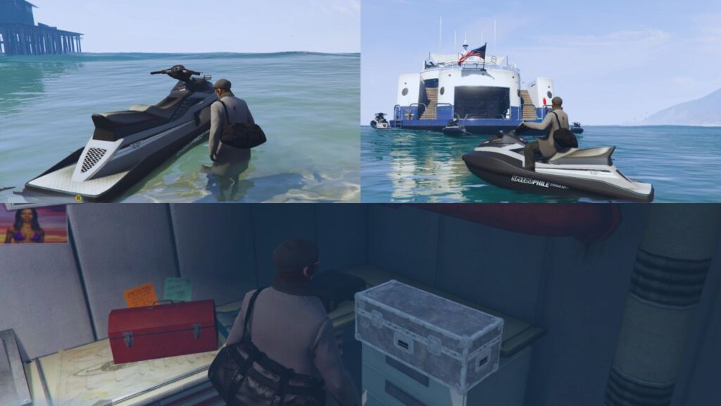 Du reitest als GTA Online Protagonist am Seehafen entlang, kapert das Boot und stiehlst die Waffen der Profis.