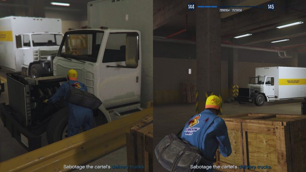 Hier siehst du den GTA Online Protagonisten, wie er die Lieferwagen von Cluckin' Bell sabotiert.