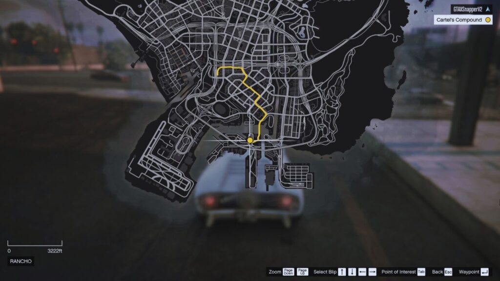 Das ist eine In-Game Karte von GTA Online, die den Zeltplatz des Kartells auf Elysian Island zeigt.