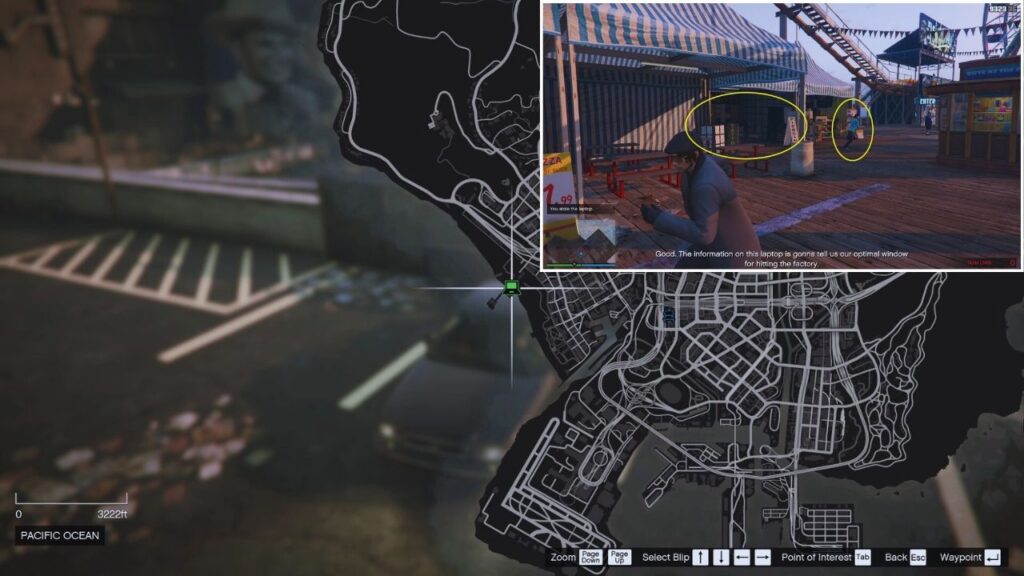 Der GTA Online Protagonist am Del Perro Pier während des Überfalls auf die Cluckin' Bell Farm.