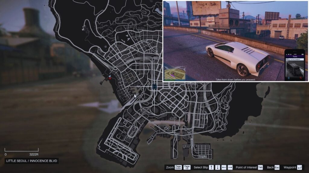 Hier ist eine In-Game Karte von GTA Online. Du kannst den Terrorbyte sehen, mit einem Spieler im Pegassi Infernus.
