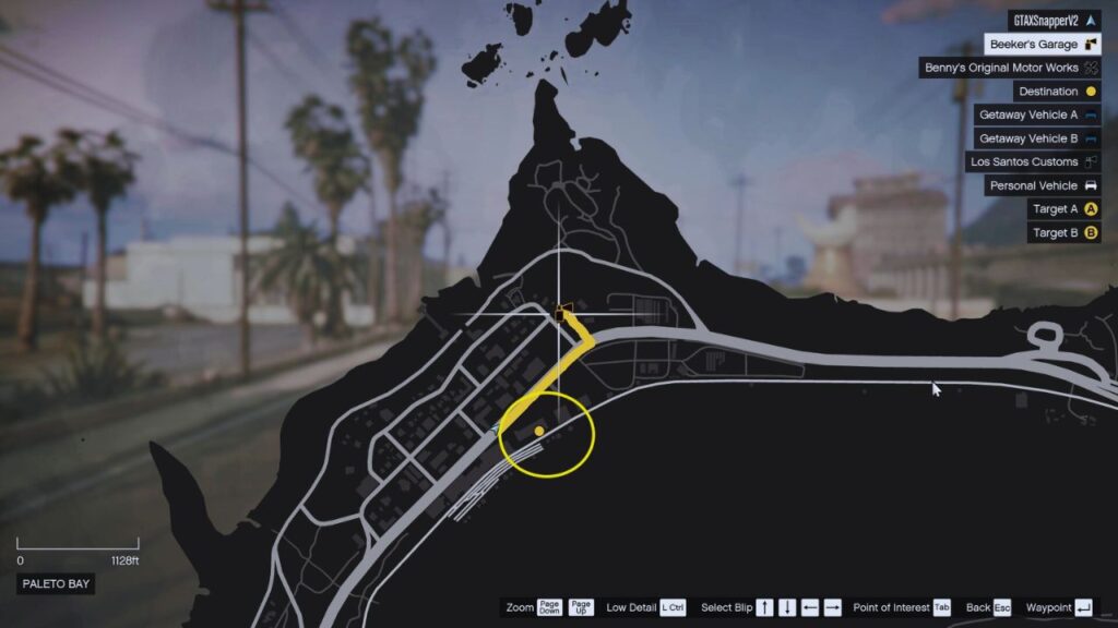 Hier ist eine In-Game GTA Online Karte von Paleto Bay und Beeker's Garage.