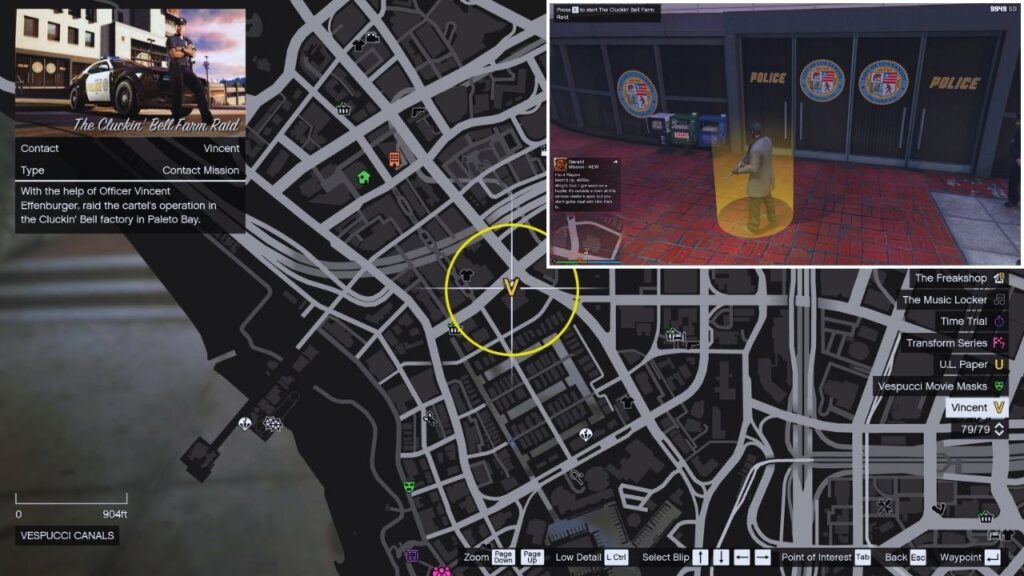 In-game GTA Online Karte der Vespucci Polizeiwache.