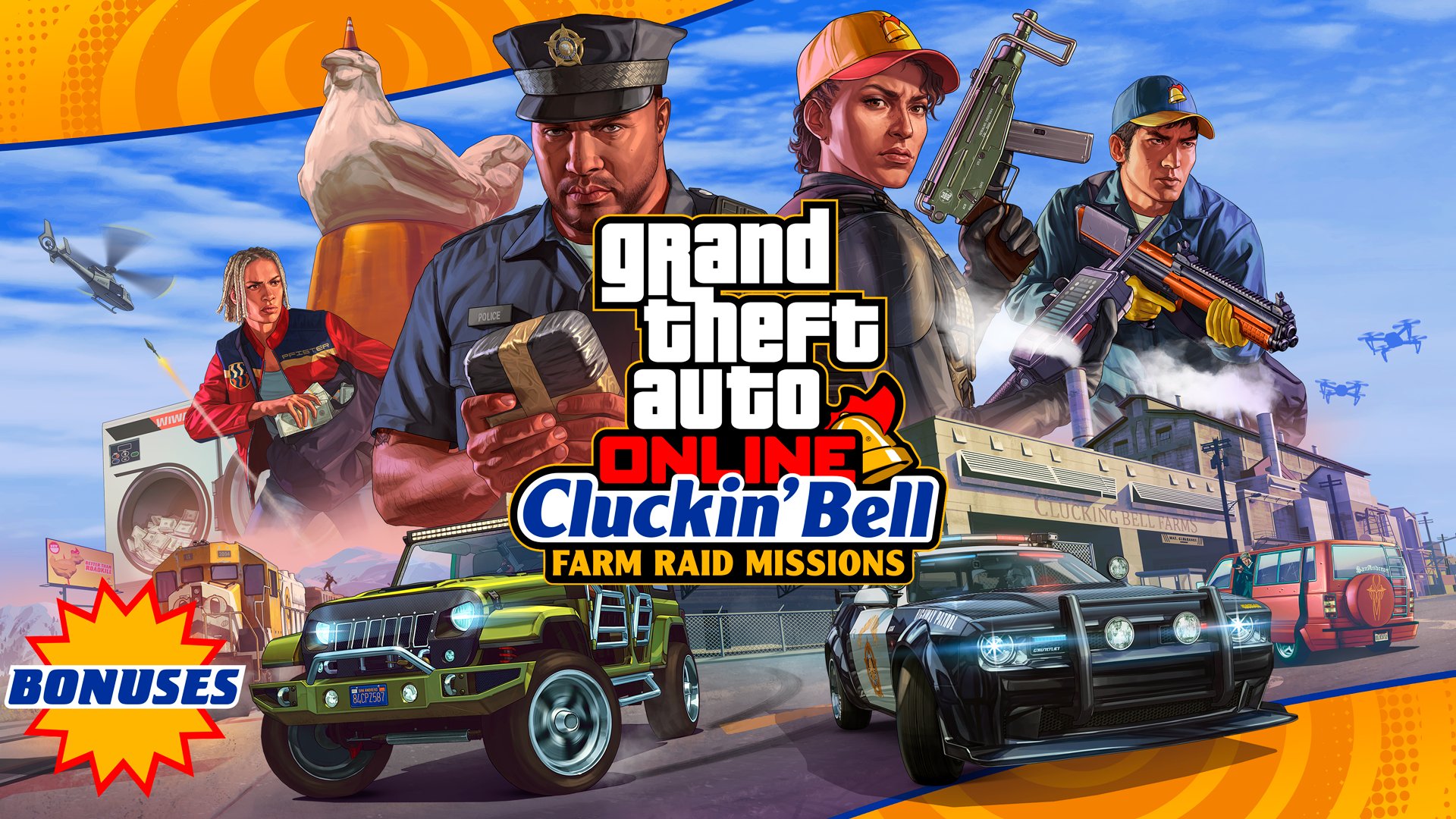 The Cluckin' Bell Farm Raid promotional poster in GTA Online's Weekly Event.